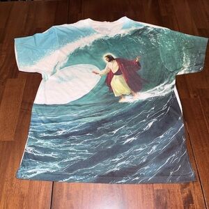 Graphic T-Shirt with Surfing Jesus Large
